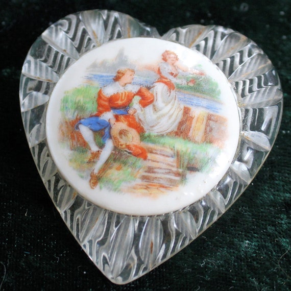 Vintage Back Carved Lucite Heart With Limoges Por… - image 1