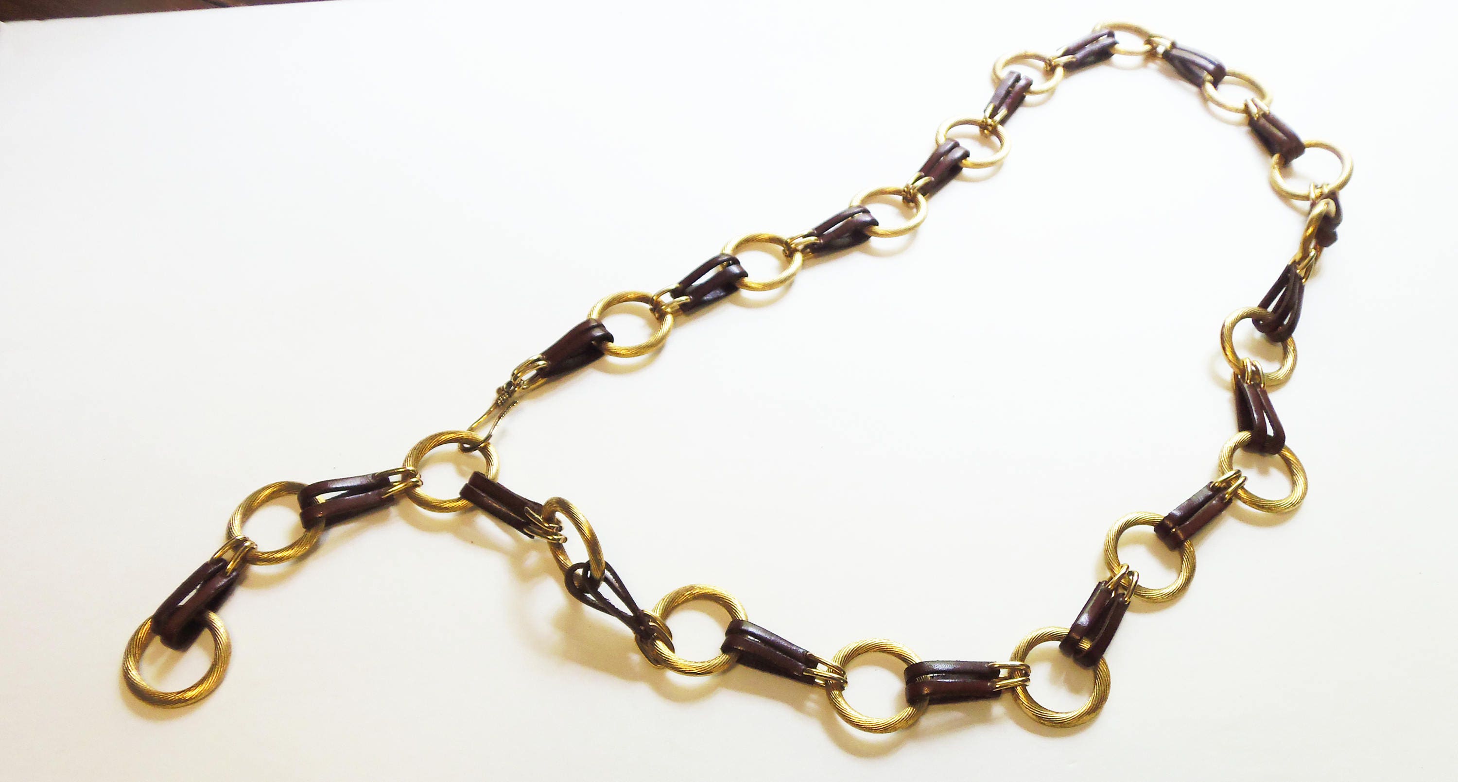 Gold and Saddle Brown Leather Link Belt Vintage 1970 Mod Ladies