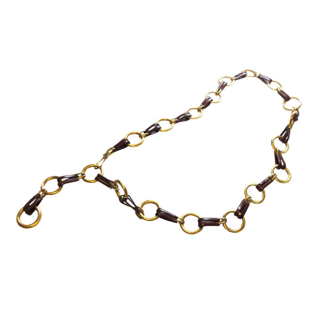 Gold and Saddle Brown Leather Link Belt Vintage 1970 Mod Ladies