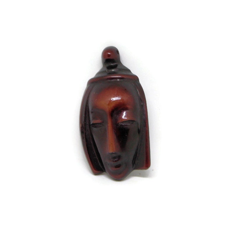 Magnificent Tribal Mask Brooch Pin Vintage 1940/'S French Galalith Hand Carved Dark Umber Color Bakelite Jewelry