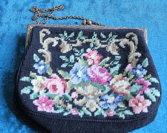 Navy Blue Floral Needlepoint Handbag With Decorated Frame C.1950