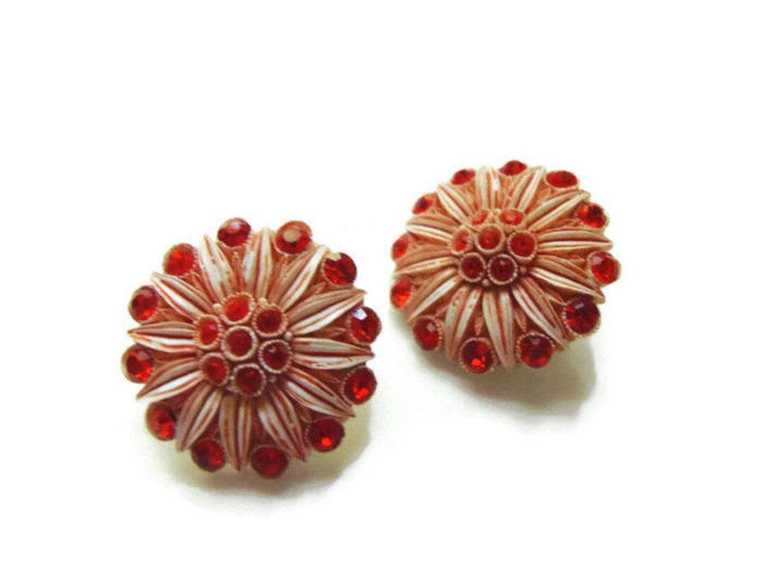 Vintage Burnt Orange Sunflower Clip on Earrings, Rhinestone Trim - Etsy