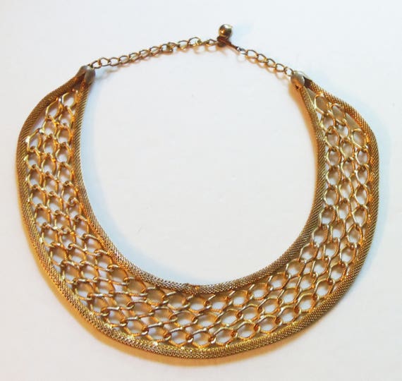 Vintage Gold Textured Collar Necklace 1970 Bib Ne… - image 2