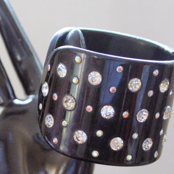 Vintage Black Clamper Bracelet Encrusted With Clear Rhinestones