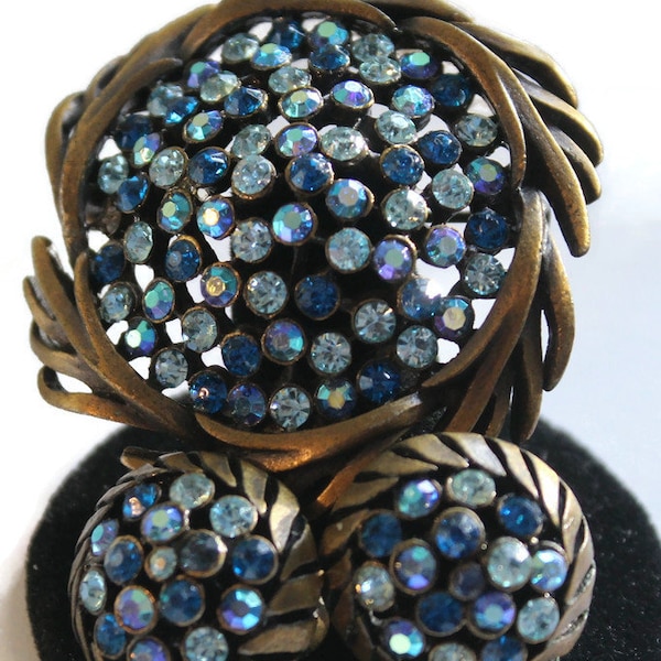 Vintage 1950 Karu Arke NYC Blue Rhinestone Circle Brooch/Pin And Earrings Art Deco Design Crystal Pin