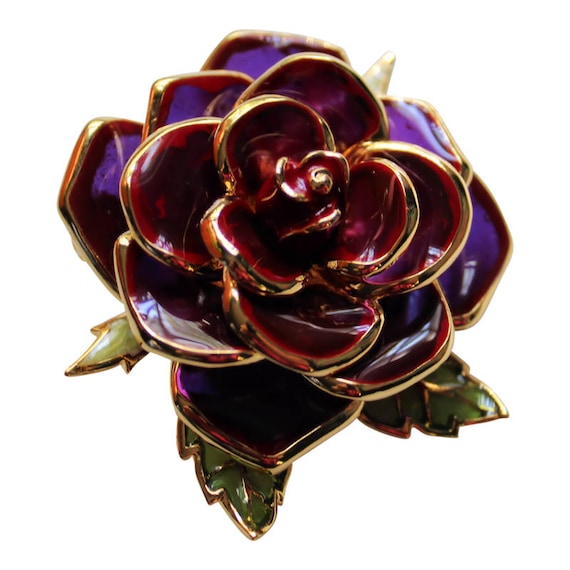 Vintage Joan Rivers Enameled Burgundy Rose Brooch/