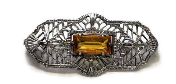 Edwardian Silver Filagree Brooch/Pin With Citrine… - image 1
