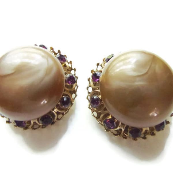 Brown Moonstone Earrings with Purple Rhinestone Accents Vintage 1950