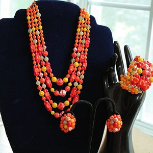Vintage signiert Western Germany Atemberaubende Shades of Coral vier Strang Kristall Halskette/Armband/Ohrringe
