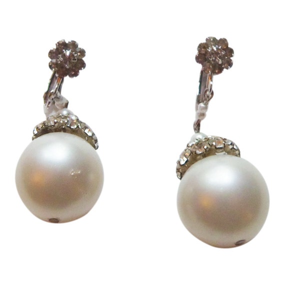 Faux Pearl and Rhinestone Drop Earrings Vintage 1… - image 1
