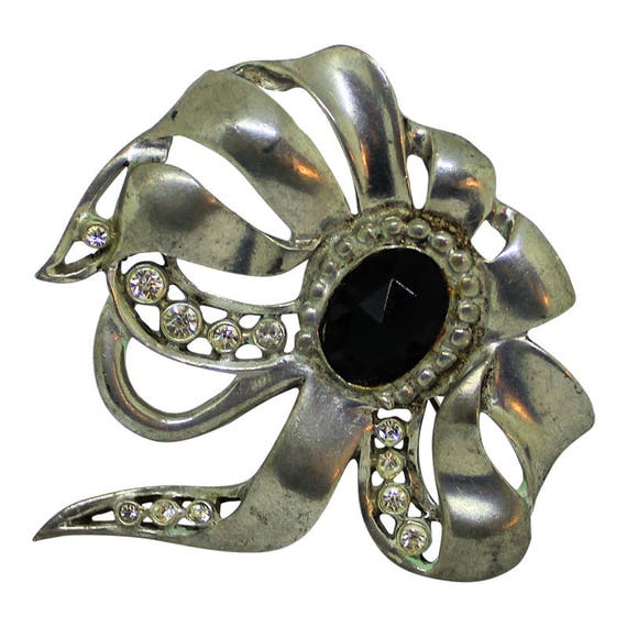 Broche Art Déco Argent Et Strass - Pierre Noire - Bijou Ancien De Collection - Occasion