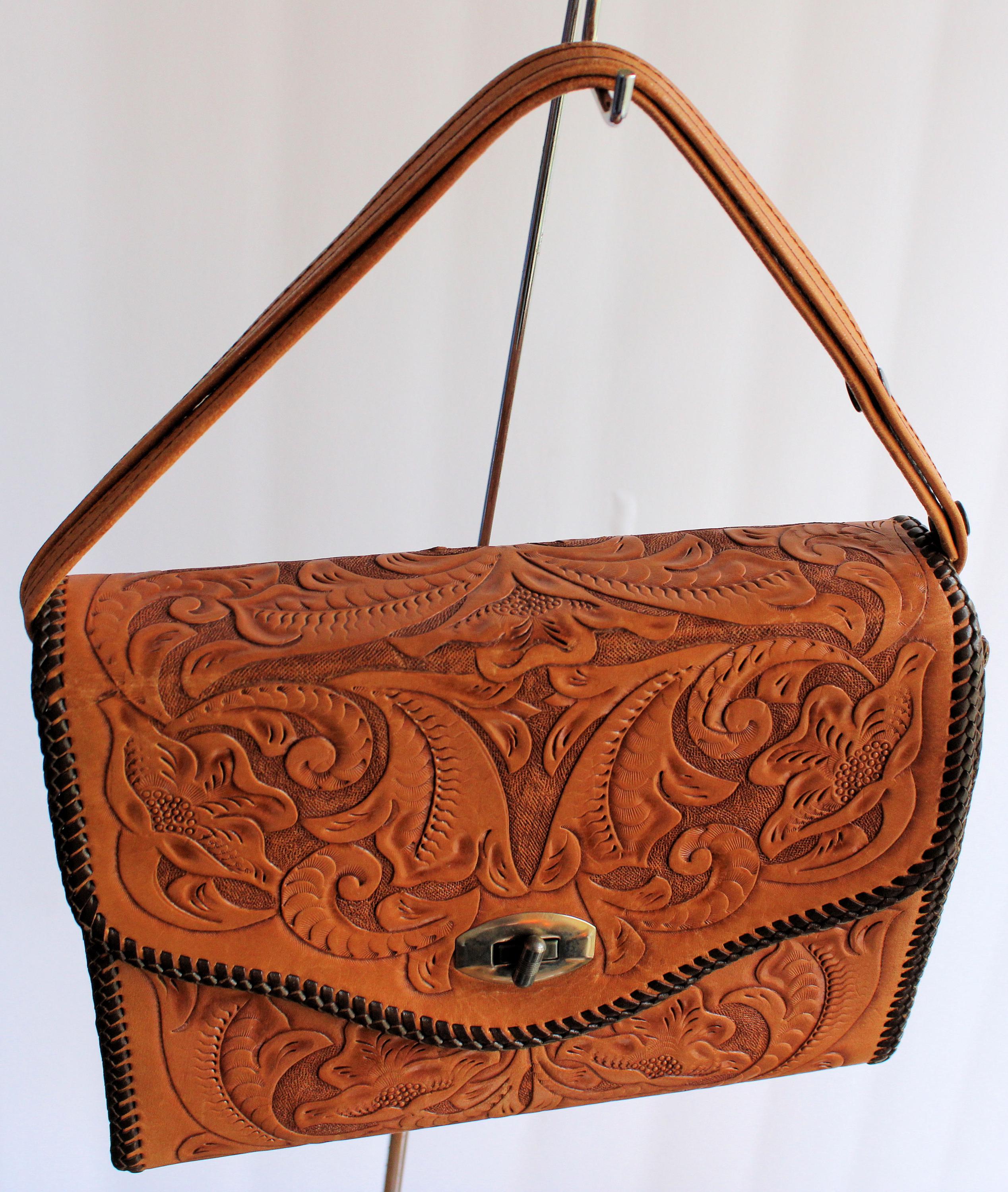 バッグ vintage leather design hand bag sullen Beautiful Mid-century Hand-tooled Leather Handbag With Strap