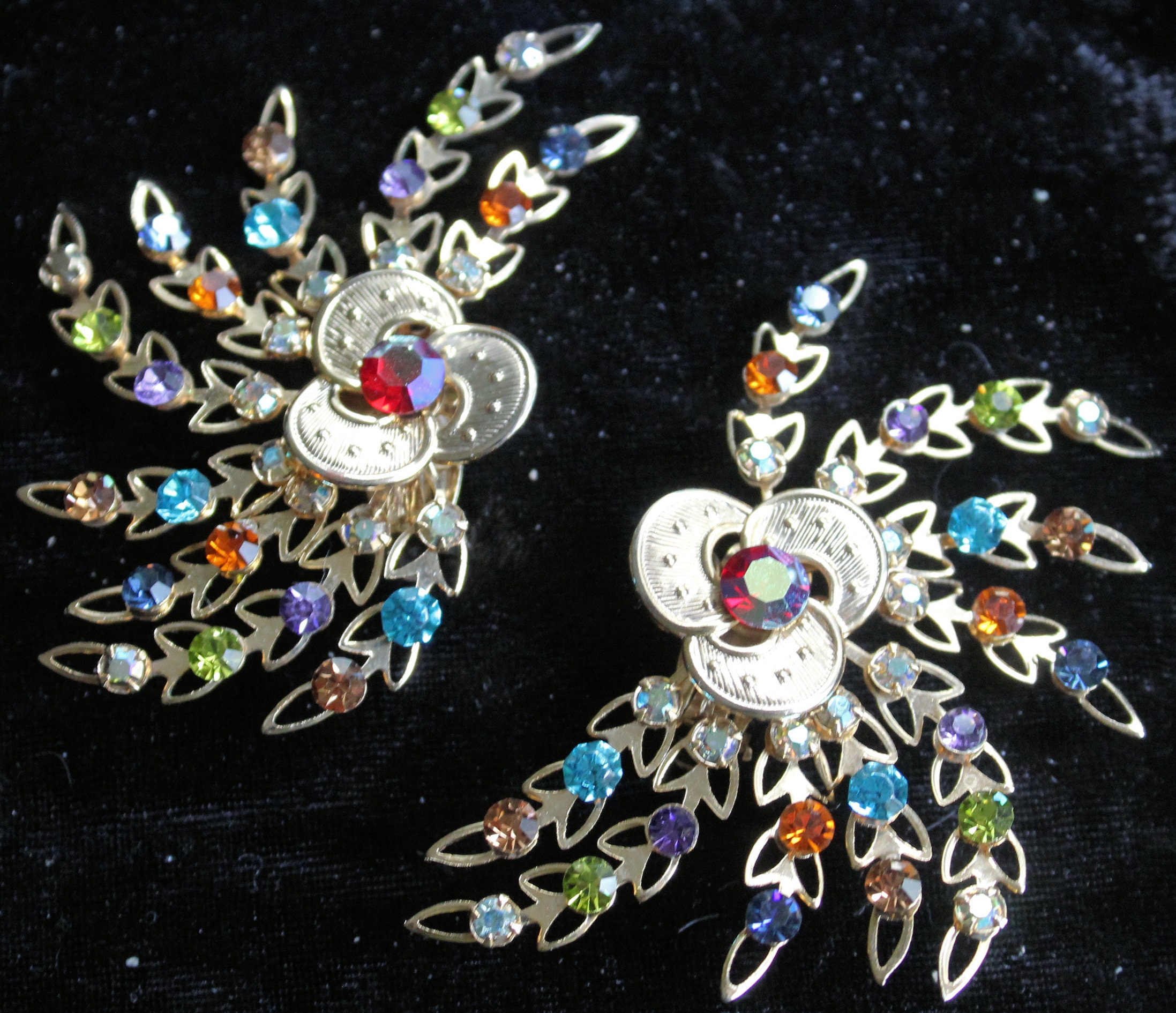 Gaudy Vintage Multi Colored Rhinestone Floral Clip Earrings Etsy