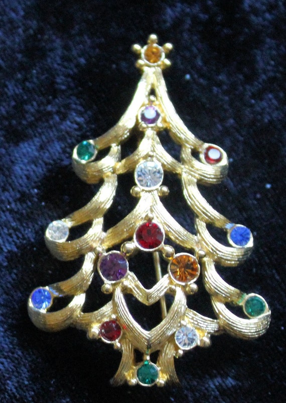 Monet Gold Tone Multi Color Rhinestone Christmas T