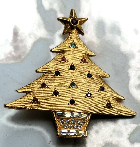 Vintage DeNicola Christmas Tree Brooch with Rhine… - image 1