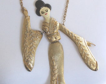 Vintage Polcini Articulated Gold-Tone  Asian Geisha Girl Necklace