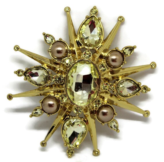 Hutton Wilkinson Starburst Brooch: Gold Tone Faux Pearl Crystal Pin