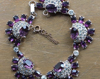 Pulsera vintage de eslabones florales con cristales y diamantes de imitación morados en tono dorado de Joseph Wiesner NY