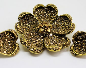 Rare Vintage 1950s Hollycraft Aurum Gold Pave Rhinestone Flower Brooch/Pin