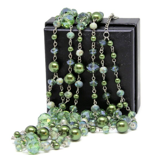 Multi Strand Green Faux Pearl And Glass Crystal N… - image 3