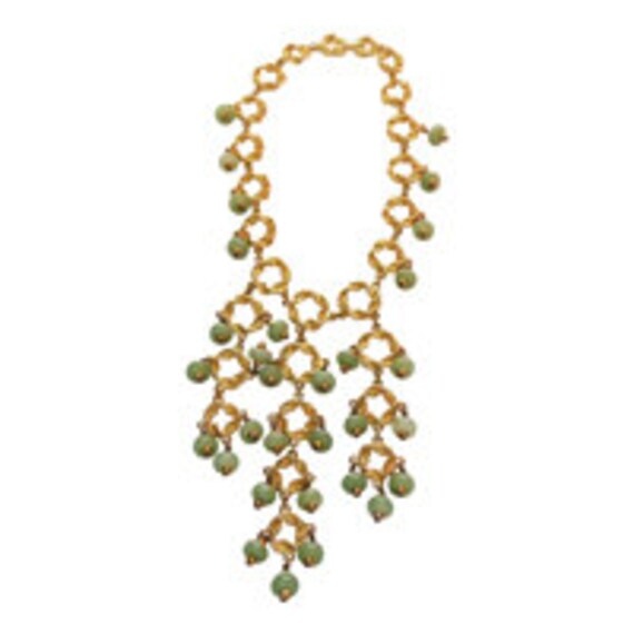 Stunning Gold Ball Fringe Bib Necklace With Green… - image 1