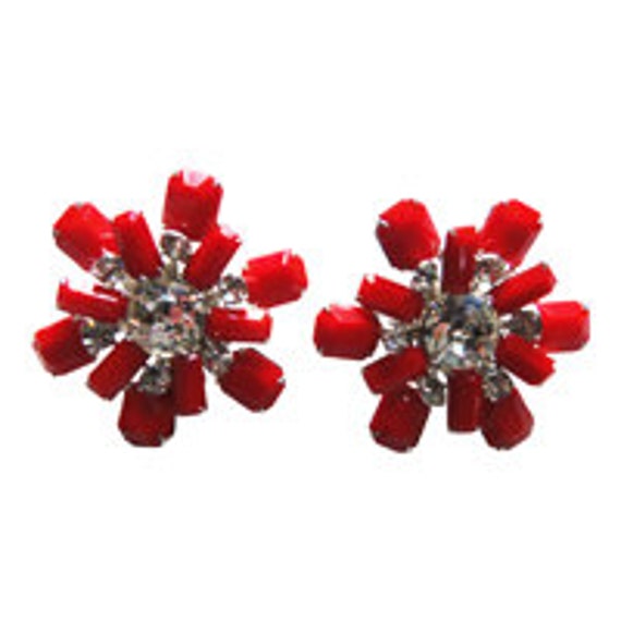 Rhinestone and Coral Earrings Vintage 1950 Weiss - image 1