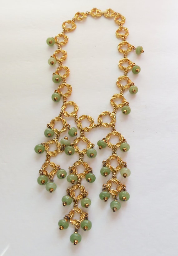 Stunning Gold Ball Fringe Bib Necklace With Green… - image 2