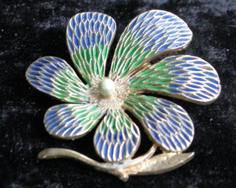 Vintage JJ Blue Green Enamel Large Flower Brooch/Pin