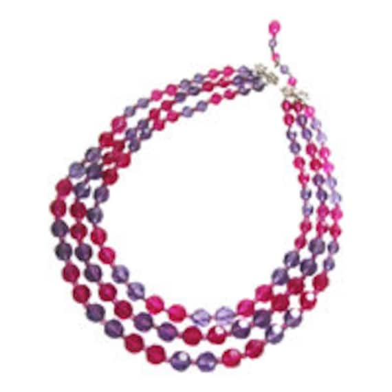 Classic 1950 Triple Strand Pink And Lavender Glas… - image 1