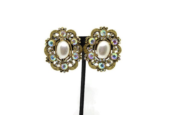 Ornate Pearl And Rhinestone Filagree Earrings Bri… - image 2