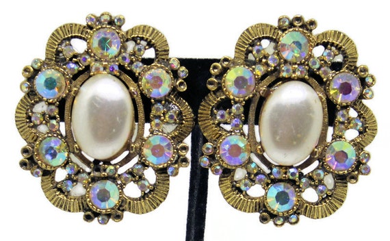 Ornate Pearl And Rhinestone Filagree Earrings Bri… - image 1