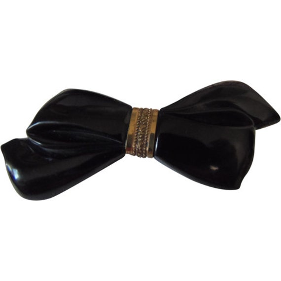 Vintage 1930s Art Deco Black Bakelite Bow Brooch - image 1