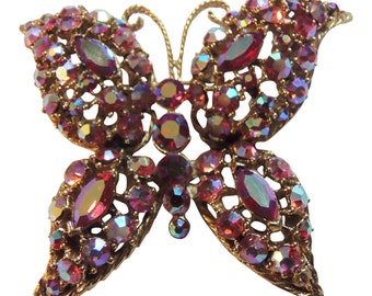 Strass rose et rouge Vintage papillon broche/1950 mariée Pin