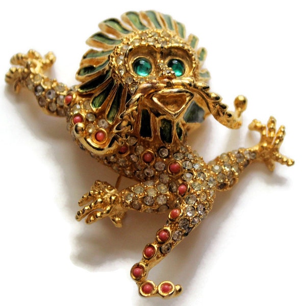 Vintage 1960 Pauline Rader  Gold Tone Pave And Enamel Climbing Dragon Beast Figural Brooch/Pin Rare Designer Signed