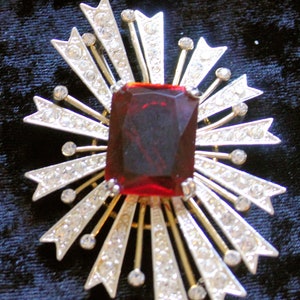 Kenneth Jay Lane Stor Magnifik Rubin och Diamanter Starburst Brosch/Nål Jul