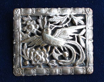 Broche/prendedor antiguo de China con forma de pájaro, firmado.
