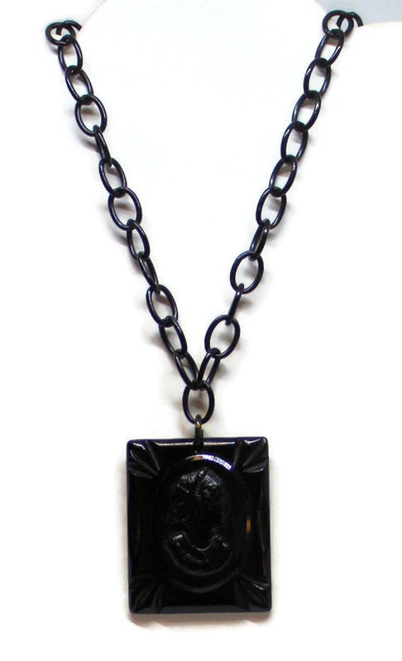 Bakelite Black Cameo With Original Celluloid Chain
