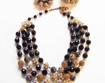 Fabulous Black Crystal and Rhinestone Multi Strand Necklace and Earclips Vintage 1960 Disco Style Bib Necklace