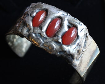 Brutalist Textured Pewter Red Stone Cuff Bracelet Kjeldahl Denmark 1970's Rare