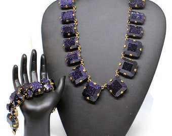 Vintage Murano Glass, Venetian Bead Necklace And Bracelet Navy Blue and 24 Karat Gold Foil "Exposed Gold"  Italian Glass