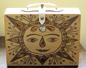 Vintage Wood Box Bag/ Purse by Enid Collins Sol Sunburst with Jewels