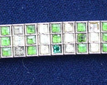 Pulsera flexible de plata esterlina con diamantes de imitación y cristales verdes y transparentes, estilo Art Déco de los años 20.