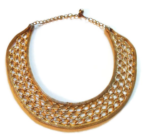 Vintage Gold Textured Collar Necklace 1970 Bib Ne… - image 1