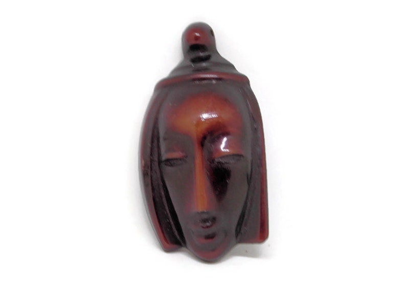 Magnificent Tribal Mask Brooch Pin Vintage 1940/'S French Galalith Hand Carved Dark Umber Color Bakelite Jewelry