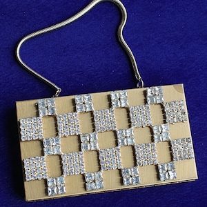 Vintage Art Deco Gold Hardcase Carryall Wristlet With Rhinestone Detail And Snake Chain Handle