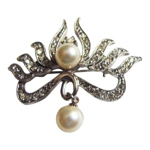 Silver Faux Pearl and Rhinestone Brooch/Pin  Vintage 1960 Hobe Bridal Pin Party Pin