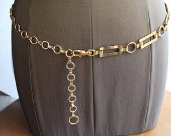 Cinturón geométrico vintage en tono dorado con cierre de candado – Detalles dorados, 40" de largo