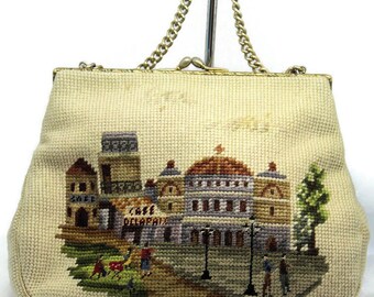 Vintage 1950 Needlepoint Purse Christine Custom Bags Detroit Cream with Scenic Designs Of  Paris The City Of Lights French Theme
