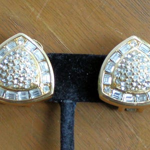 Vintage Christian Dior Clip On Gold Tone Crystal Rhinestone Covered Earrings