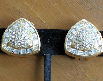 Vintage Christian Dior Clip On Gold Tone Crystal Rhinestone Covered Earrings